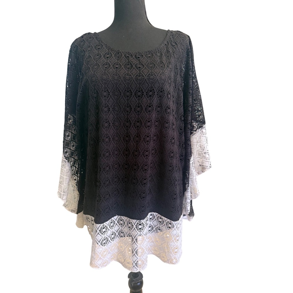 Ruby Rd Womens XL Black White Lace Poncho Blouse Lined Colorblock Kaftan Top